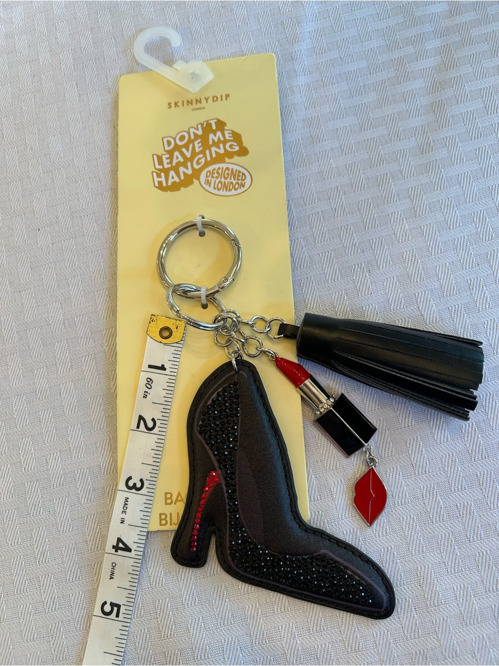 Skinny Dip London Black High Heel Tassel Keychain with Red Lipstick Charm